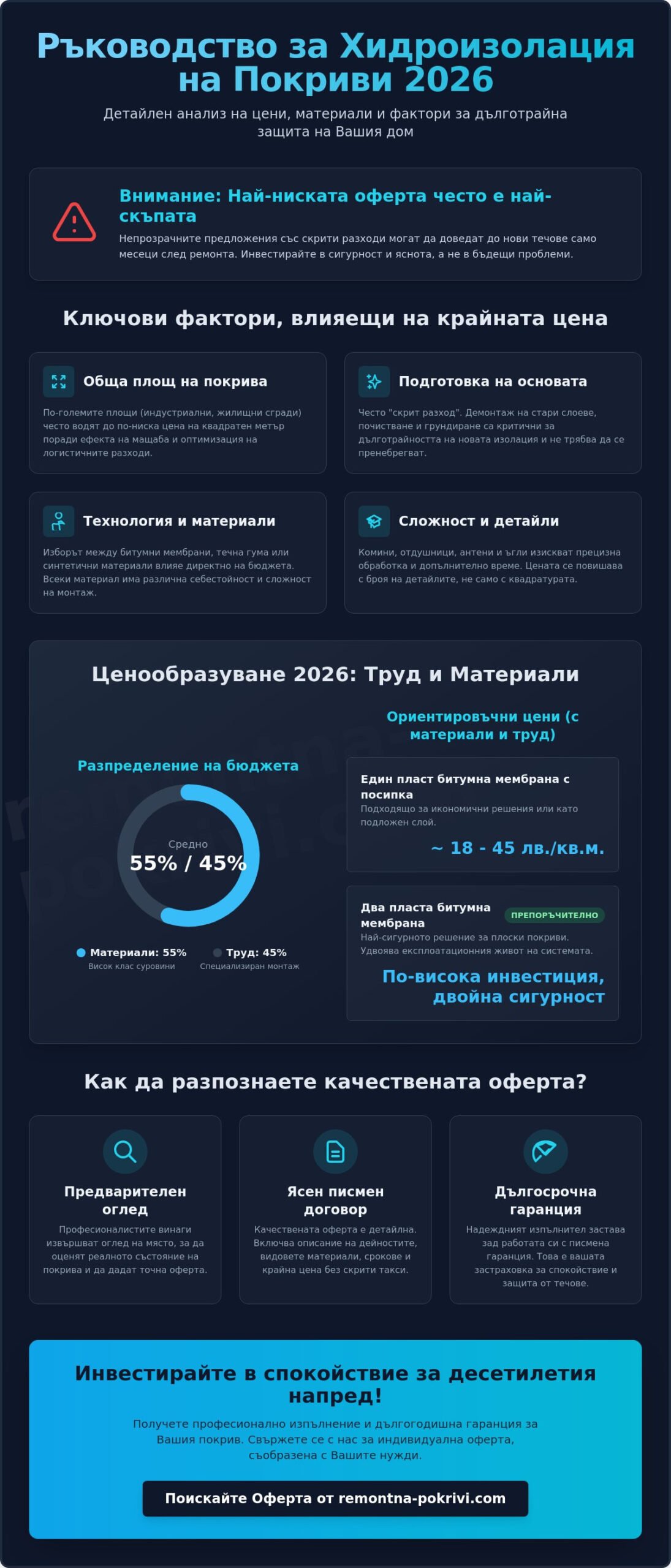 Хидроизолация на покриви цени 2026: Пълно ръководство за разходите и избора на материали
